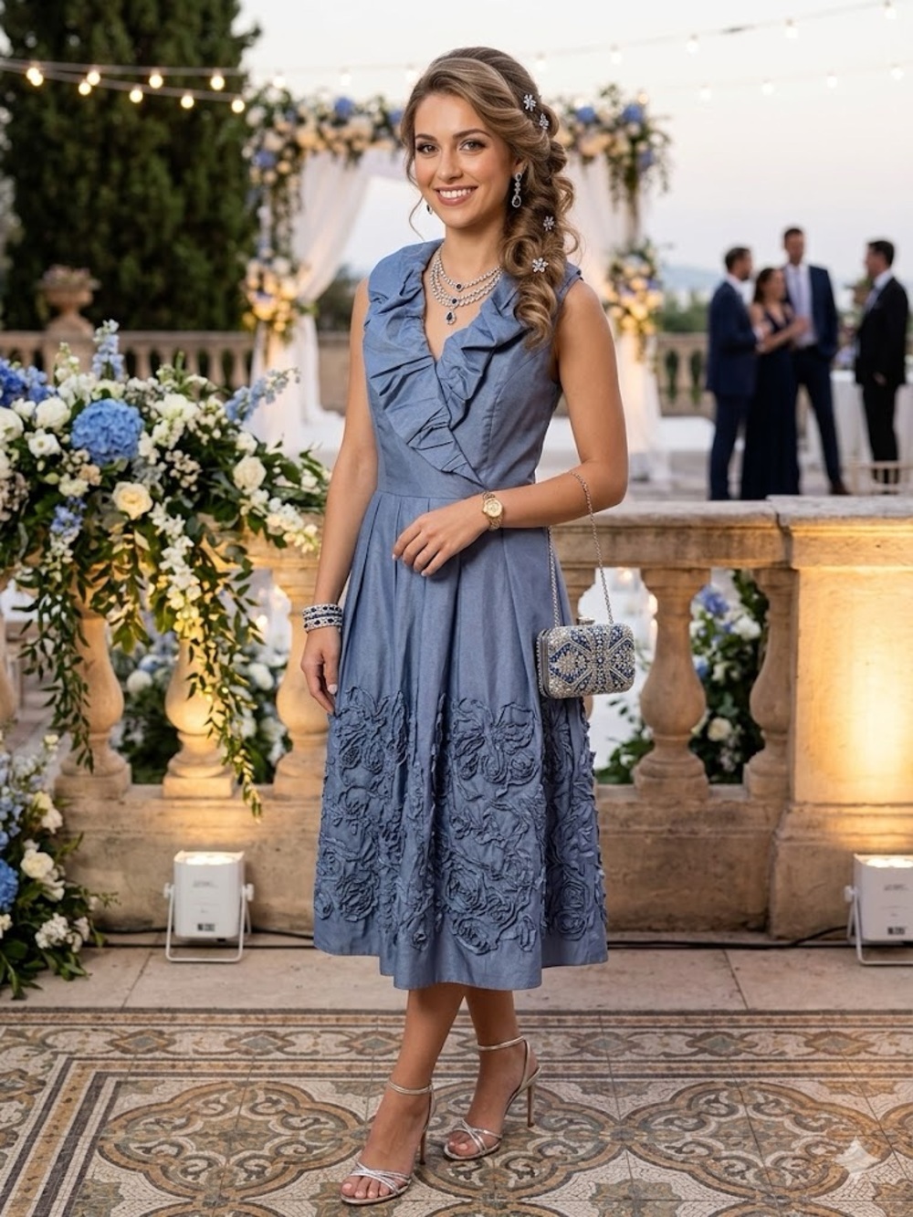 Adrianna Papell Dusty Blue Ruffle V-Neck Midi Dress